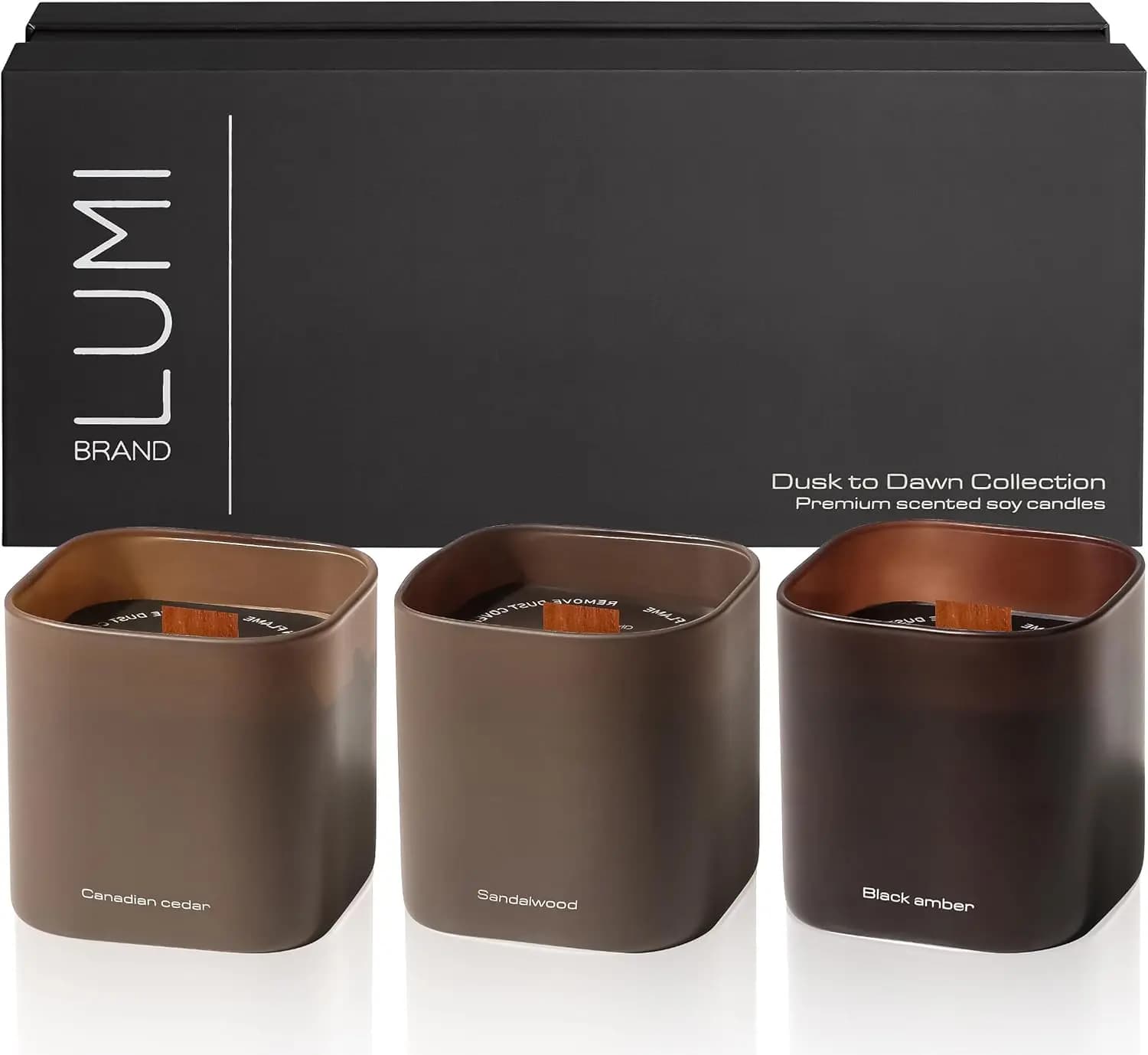 Set di 3 Candele Profumate in Soia con Stoppino in Legno a Effetto Crepitante - Profumi di Cedro, Ambra e Sandalo per Relax e Arredamento Casa