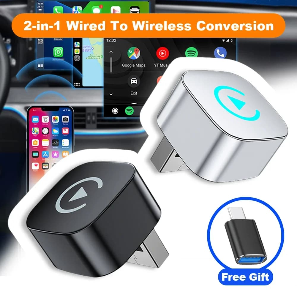 Adapter 2 in 1 from wired to wireless for CarPlay and Android Auto, for car radio OEM with USB dongle, mini plug and play Bluetooth