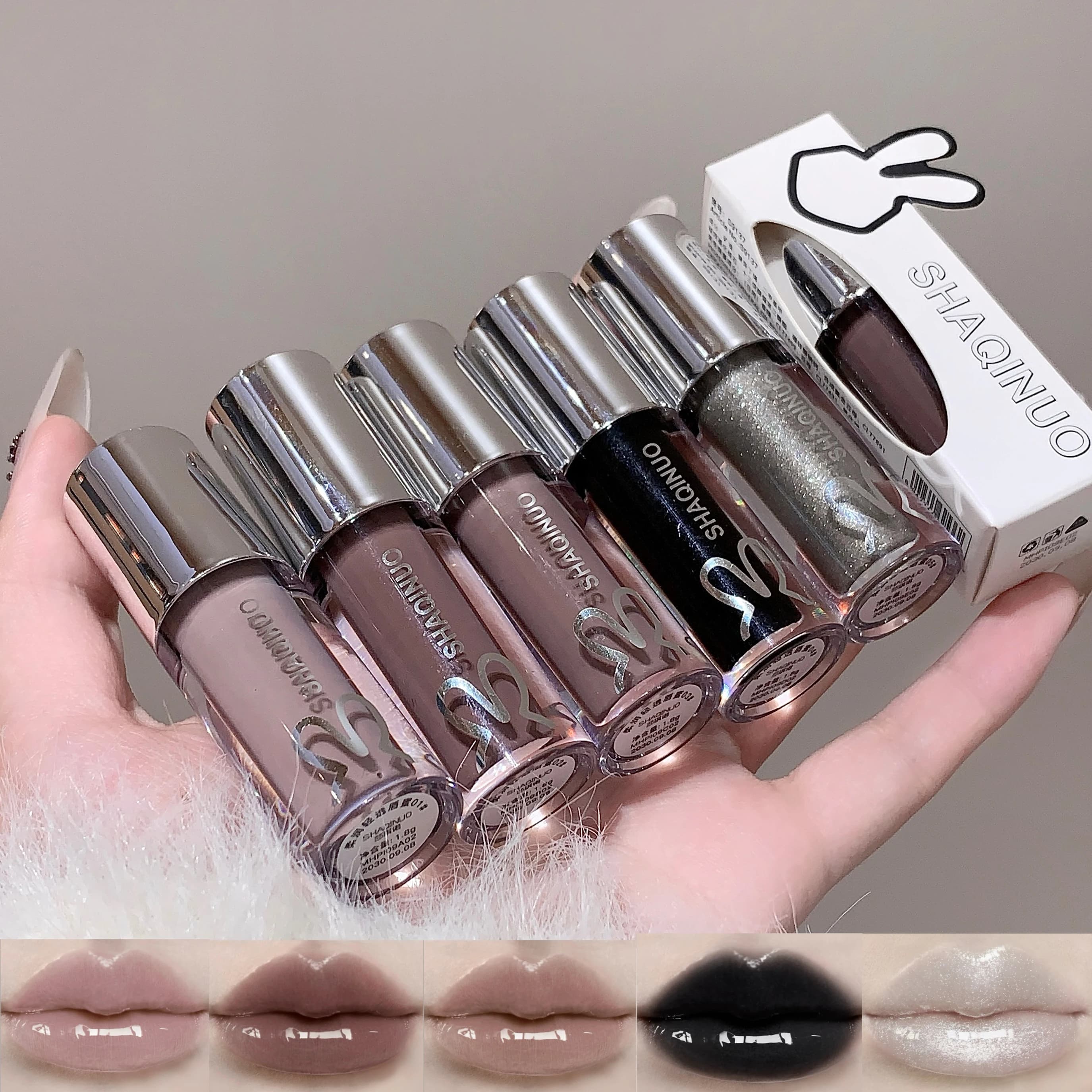 SHAQINUO Water Light Mirror Lucidalabbra Durable Hydrating Black Cold Silver Grey Perlescent Sparkling Lips Oil For Lips