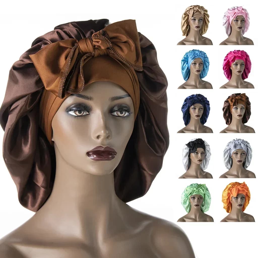 Cappello da Notte in Raso per Donne, Berretto per Dormire con Lunga Nastro Decorativa, Cuffia Elastica per la Cura dei Capelli, Turbante da Doccia
