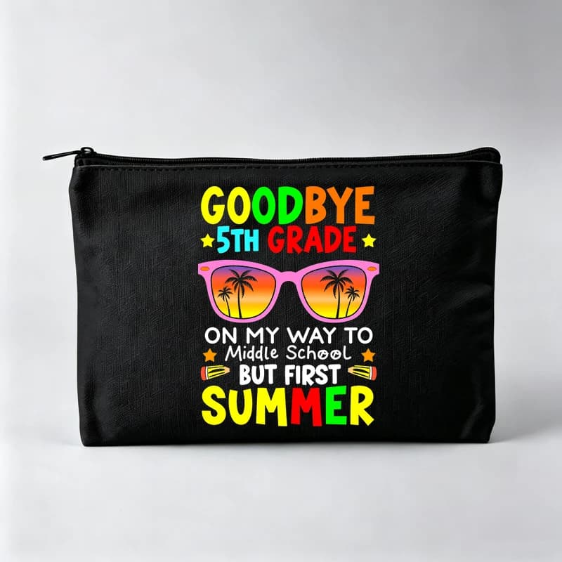 Girls' Graduation Typography & Sunglasses Print Makeup Bag, Casual Cosmetic Pouch for Summer Travel