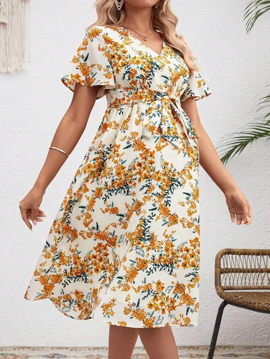 Floral Wrap Dress With V Neck And Short Sleeves For Women
