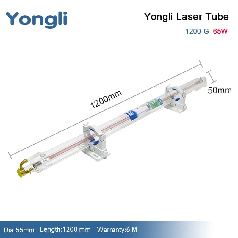 Tubo Laser CO2 in Vetro Yongli 65W, Diametro 55mm, Lunghezza 1200mm, Componenti per Macchine di Incisione e Taglio Laser