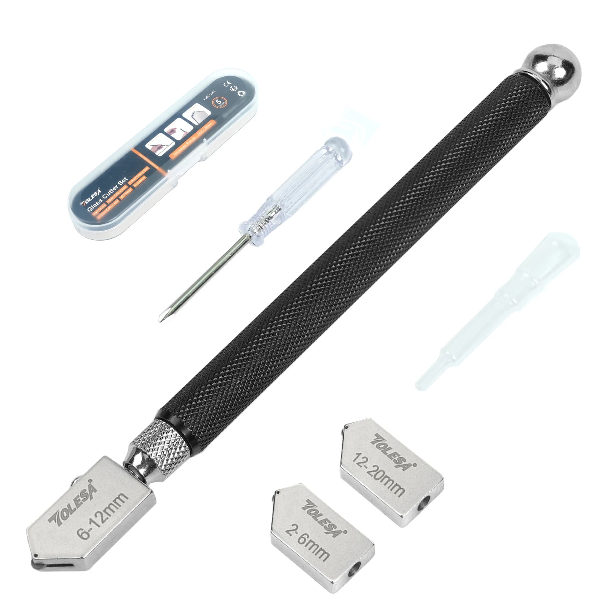 TOLESA Glass Cutter Tool Set 2mm-20mm Pencil Style Oil Feed Carbide Tip with 2 Bonus Blades, Screwdriver, Oil Dropper and Box