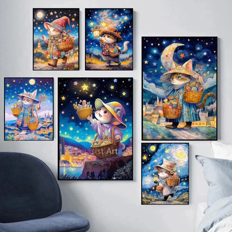 DIY 5D Diamond Painting Starry Sky Cat Hat Diamond Embroidery Animal Art Landscape Mosaic Craft Cross Stitch Kit Home Decor Gift