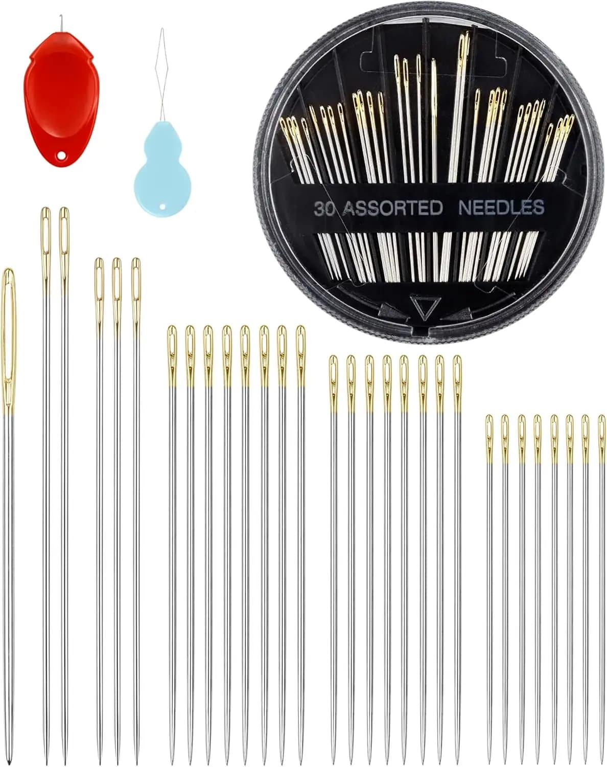 Set di 30 Aghi da Cucito in Acciaio, 6 Misure, Occhiello Grande, Kit per Ricamo e Quilting, Infilatori per Progetti Artistici e Artigianali