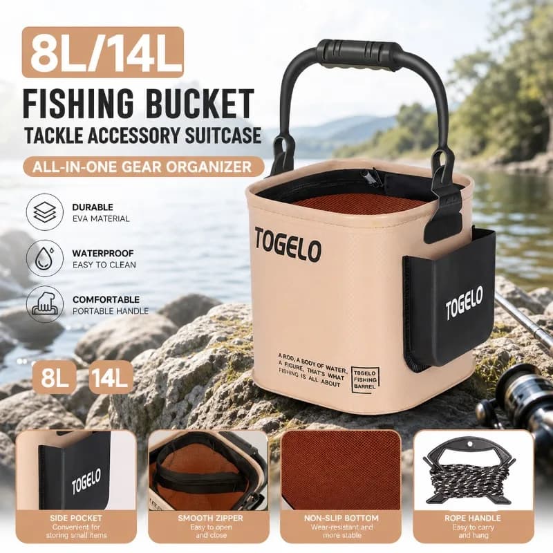 8L/14L Fishing Bucket Tackle Accessory Suitcase Portable Live Fish Box Waterproof Gear Organizer With Rope Handle Side Pocket