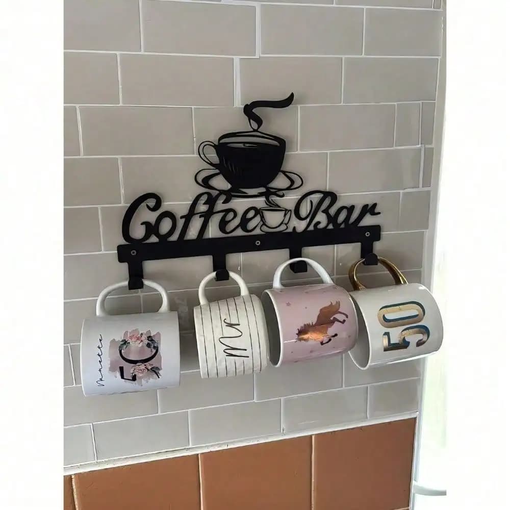Rustic Farmhouse Metal Mug Rack Wall Mount Coffee Cup Holder Shelf Space Saving Kitchen Organizer Coffee Bar Gift Lovers Decor