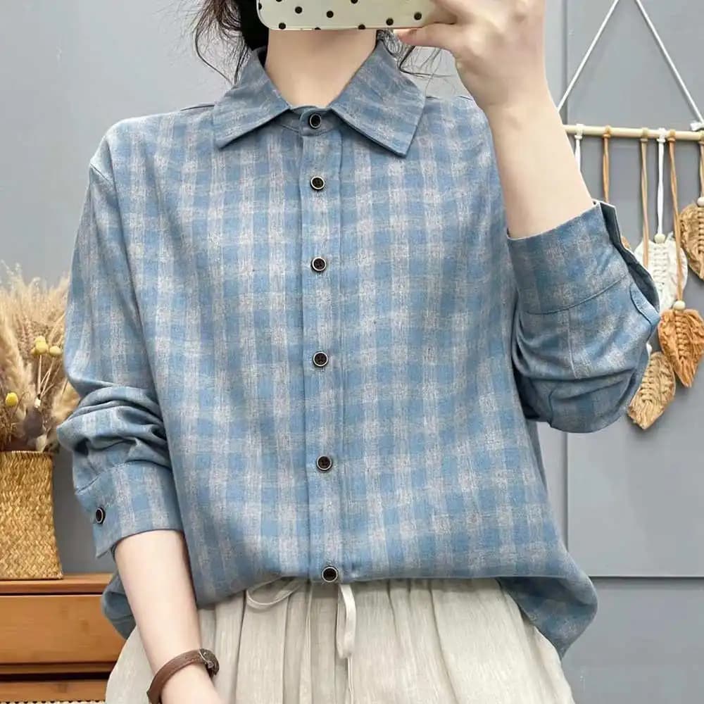 Blue And White Plaid Cotton Linen Shirt Women Loose Casual Long Sleeve Top Retro Large Size Blouse Cross-Border Fashion