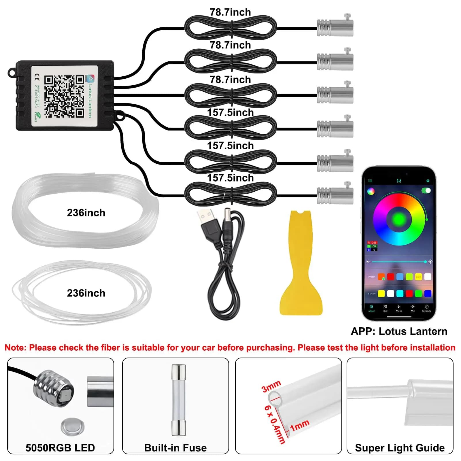 Kit luce ambientale per auto a LED RGB Striscia interna in fibra ottica 6 in 1 con telecomando APP Sincronizzazione musicale Luce del cruscotto dell'atmosfera al neon