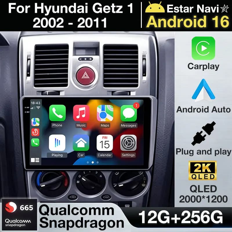 Autoradio Android 16 per Hyundai Getz 2002 2003-2011 LHD, Lettore Multimediale Stereo con Carplay, Navigazione GPS Auto, 2DIN DSP 5G WIFI