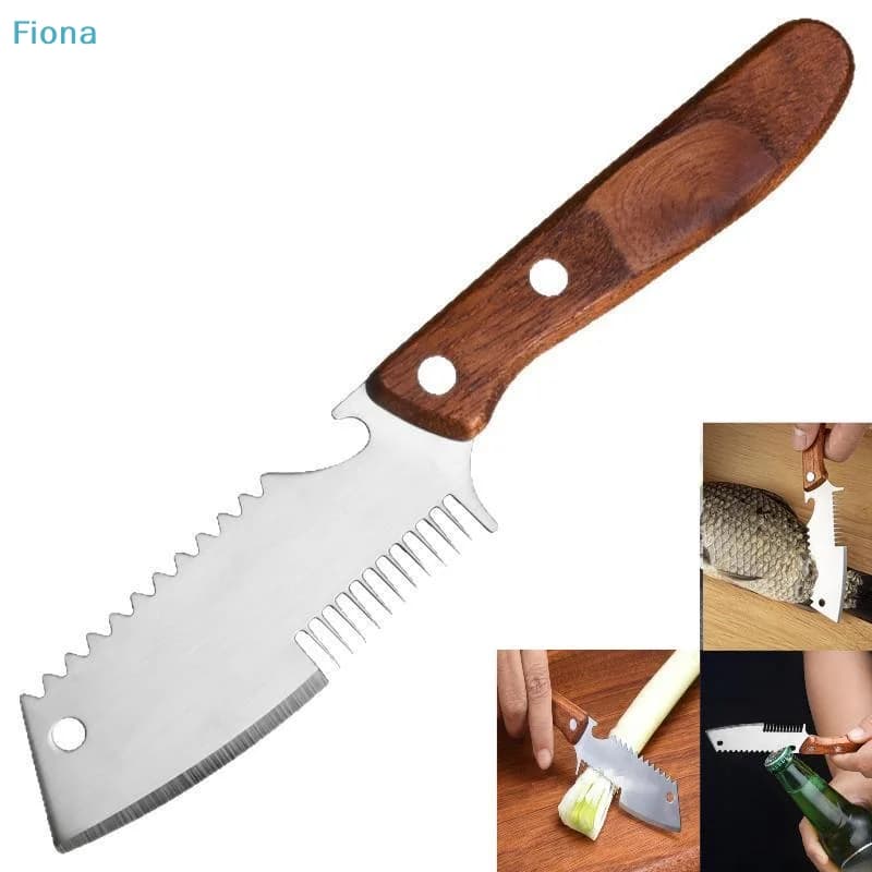 ✔ Coltello per Rimuovere le Squame di Pesce in Acciaio Inox con Manico in Legno, Utensile da Cucina Multiuso per Squamatura, Taglio e Apribottiglie