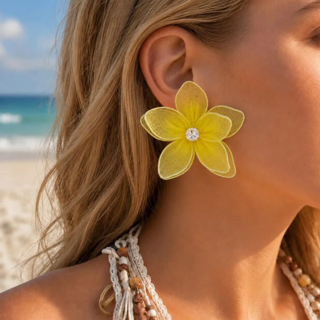 French Romantic Pink Yellow Mesh Flower Stud Earrings, 18K Gold Plated Cubic Zirconia Floral Bridal Bridesmaid Jewelry