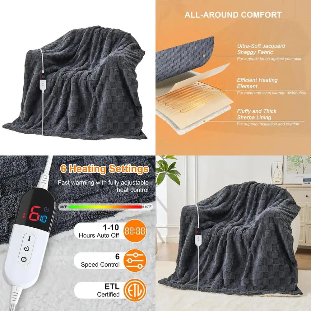 Coperta riscaldata elettrica a grandezza naturale - Sherpa jacquard 72x84, 6 livelli di calore, spegnimento automatico di 10 ore, protezione da surriscaldamento