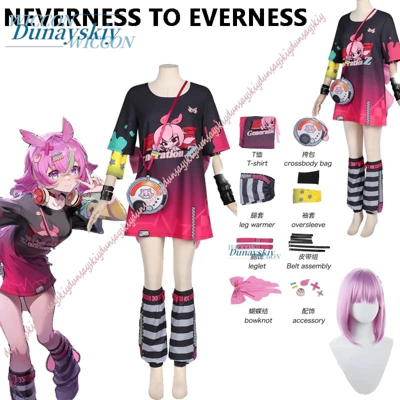 Costume Cosplay del Gioco Nevernness, T-shirt Everrness, Accessori con Fiocco, Parrucca, Outfit per Halloween e Carnevale, Set Completo per Cosplay