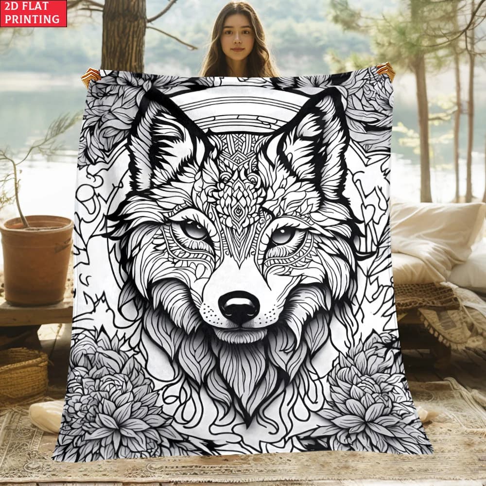 1pc 2D Flat Line Drawing Handsome Wolf Coloring Portable Throw Blanket Soft Warm Lightweight Digital Print Blanket for Travel Ca