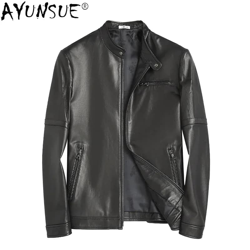 AYUNSUE Genuine Leather Jacket Men Clothng 2025 Spring Coat Real Goatskin Clothes Short Stand Collar Clothes Veste Homme LXR820