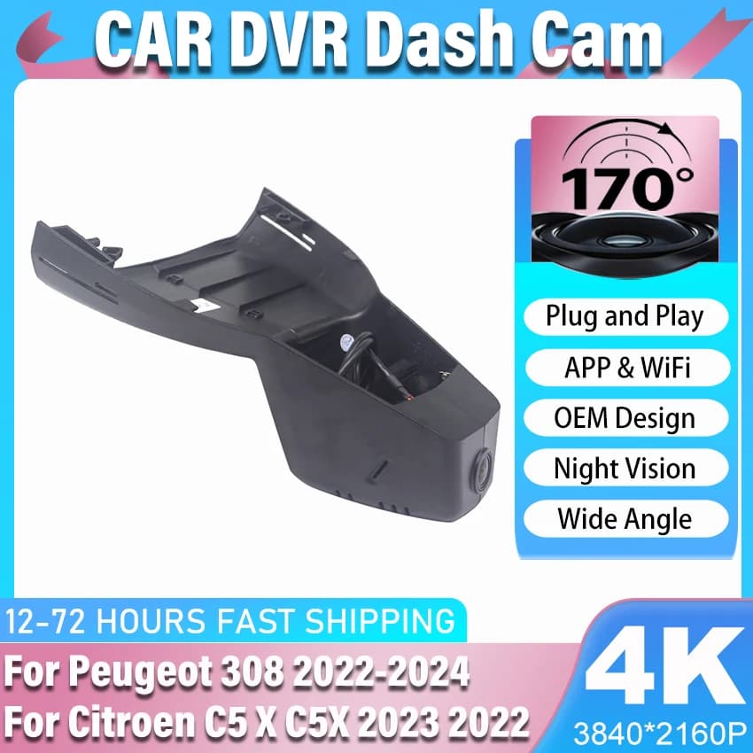 Plug and Play Dash Cam Camera For Peugeot 308 2022-2024, Dashcam For Citroen C5 X C5X 2023 2022,4K OEM Style Car DVR WIFI APP