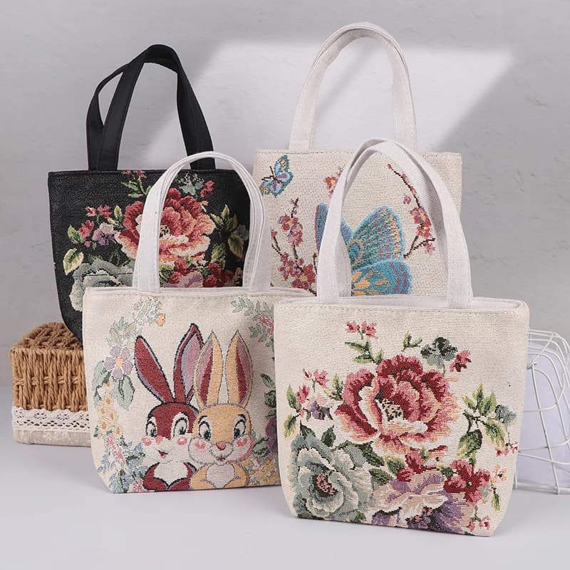 Borsa in tela con gatto ricamato Borsa a tracolla con farfalla fiore carino Borsa a tracolla da viaggio piccola moda Tote Borsa di stoccaggio varia