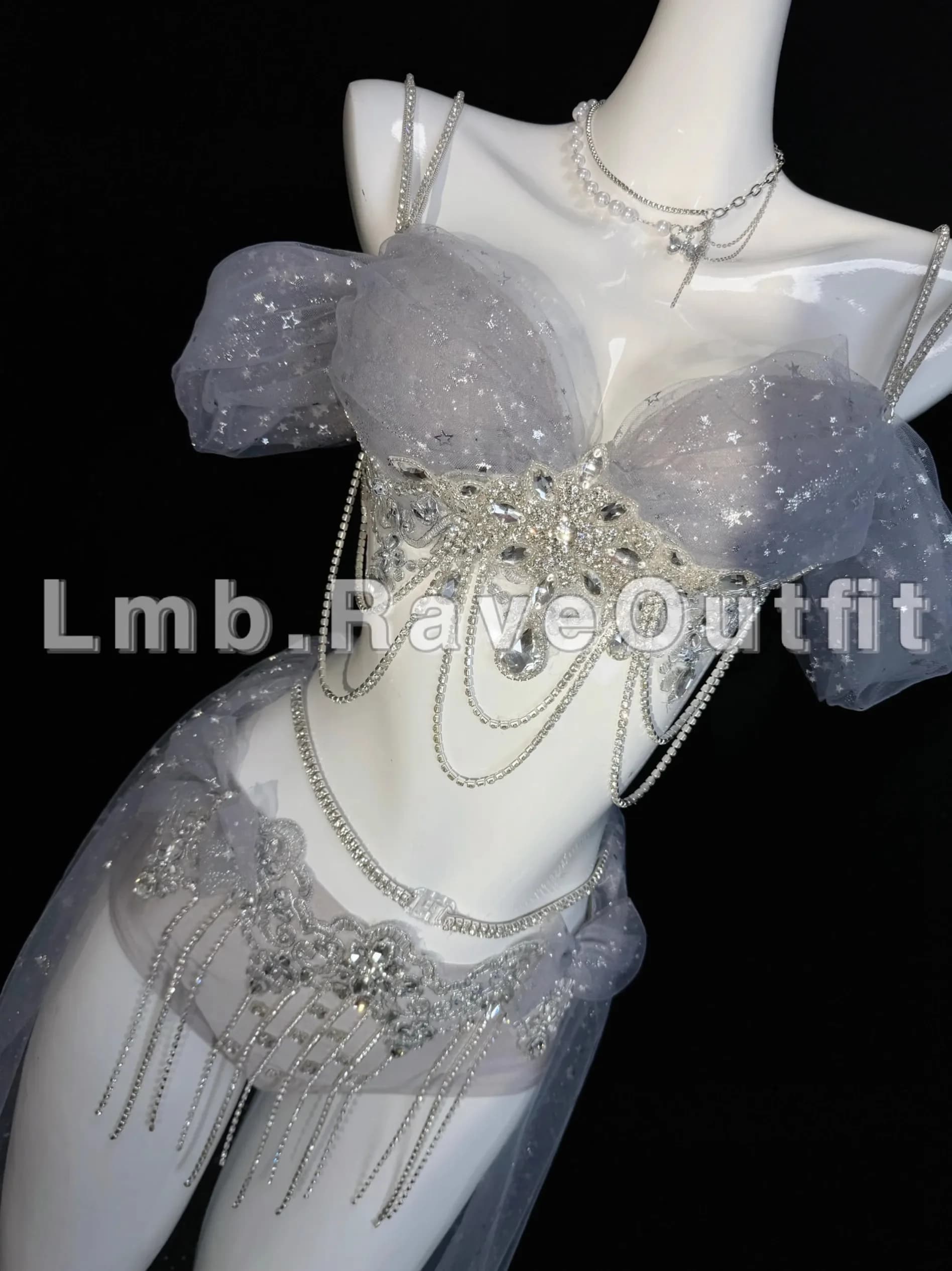 Nuovo design sexy lusso perla frangia bikini vestito grigio set sillaba elettrica cantante danza palcoscenico camminata costume bar discoteca vestito