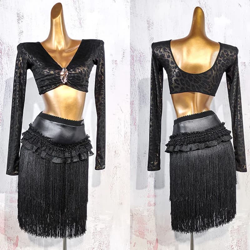 Costume da Competizione di Danza Latina Chacha per Donne, Abbigliamento per Samba e Danza Latina, Top Leopardato con Gonne Frange, Completo da Palcoscenico XS10904