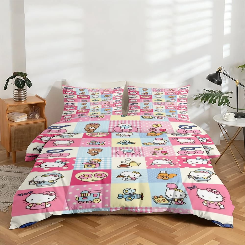Set di biancheria da letto con stampa digitale ad alta definizione in 3 pezzi, set copripiumino con motivo floreale grande Hello Kitty, include 1 copripiumino + 2 federe, adatto per camera da letto, camera degli ospiti, decorazione domestica, copripiumino in fibra di poliestere + federa, biancheria da letto ultra morbida, tessuto spesso, adatto a tutte le stagioni, lavabile in lavatrice.