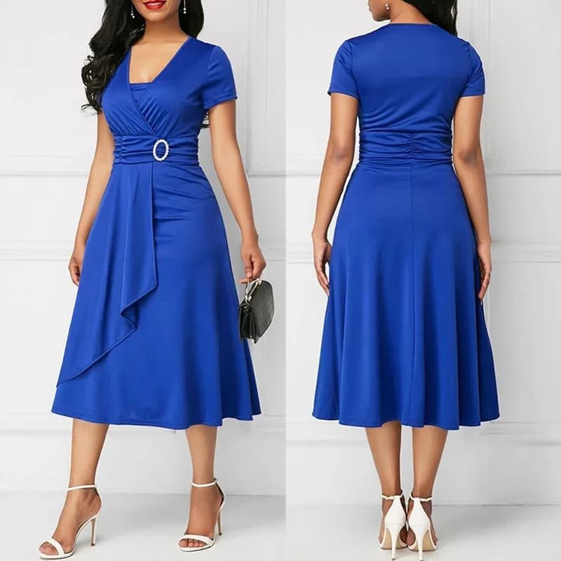 We.Fine Dress Women Solid Color Short Sleeve V Neck Asymmetric Hem Waist Midi Party Dress Elastic Female Dresses Woman Vestidos