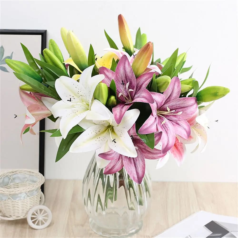 Liriche Artificiali da Scrivania per Ufficio, Decorazione Casa, Decorazione Matrimonio, Due Fiori e Un Bocciolo, Fiori Artificiali, Piante Artificiali