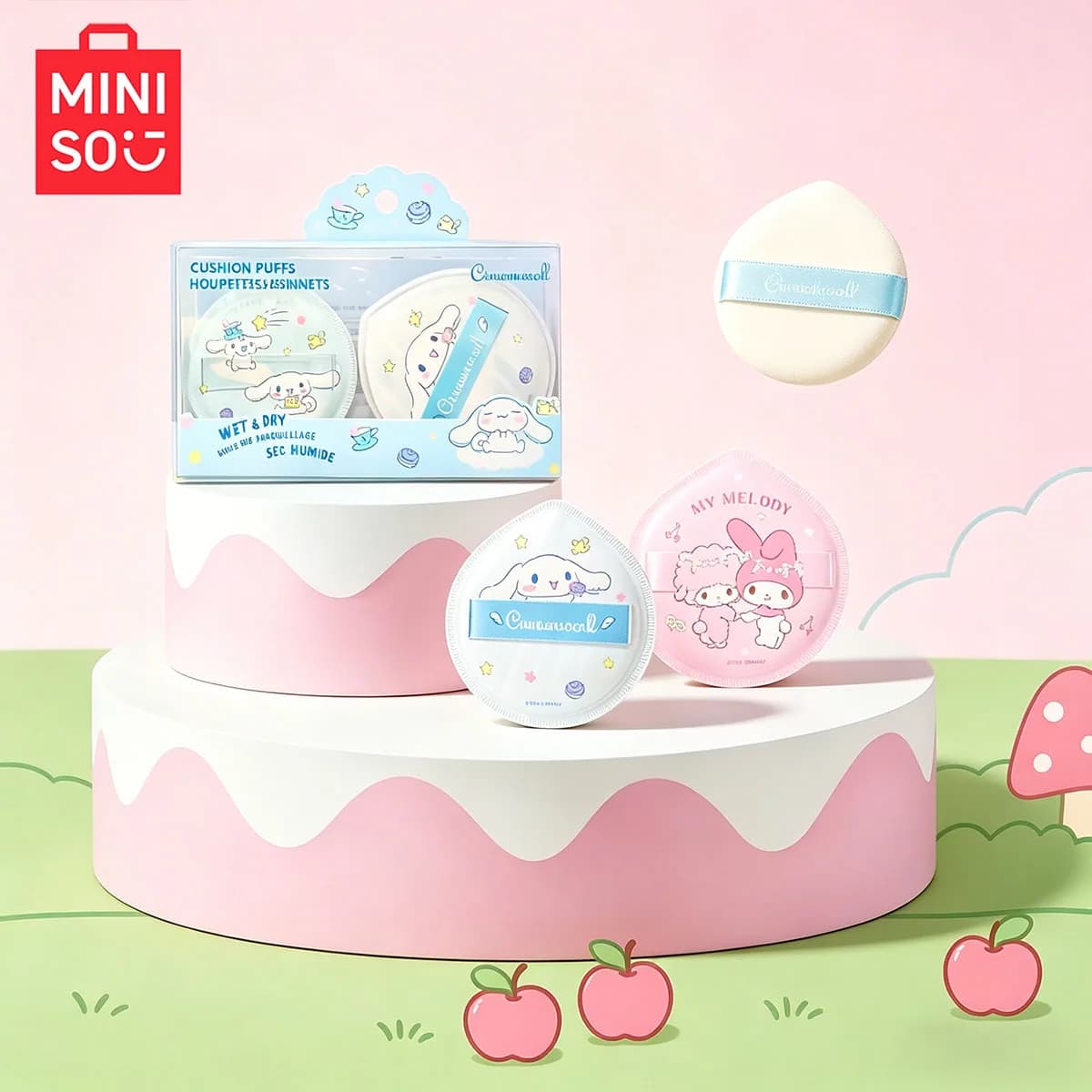 MINISO Pack of 2 powder for powder with super large air cushion for cotton sugar - Storage box Durable and easy to apply