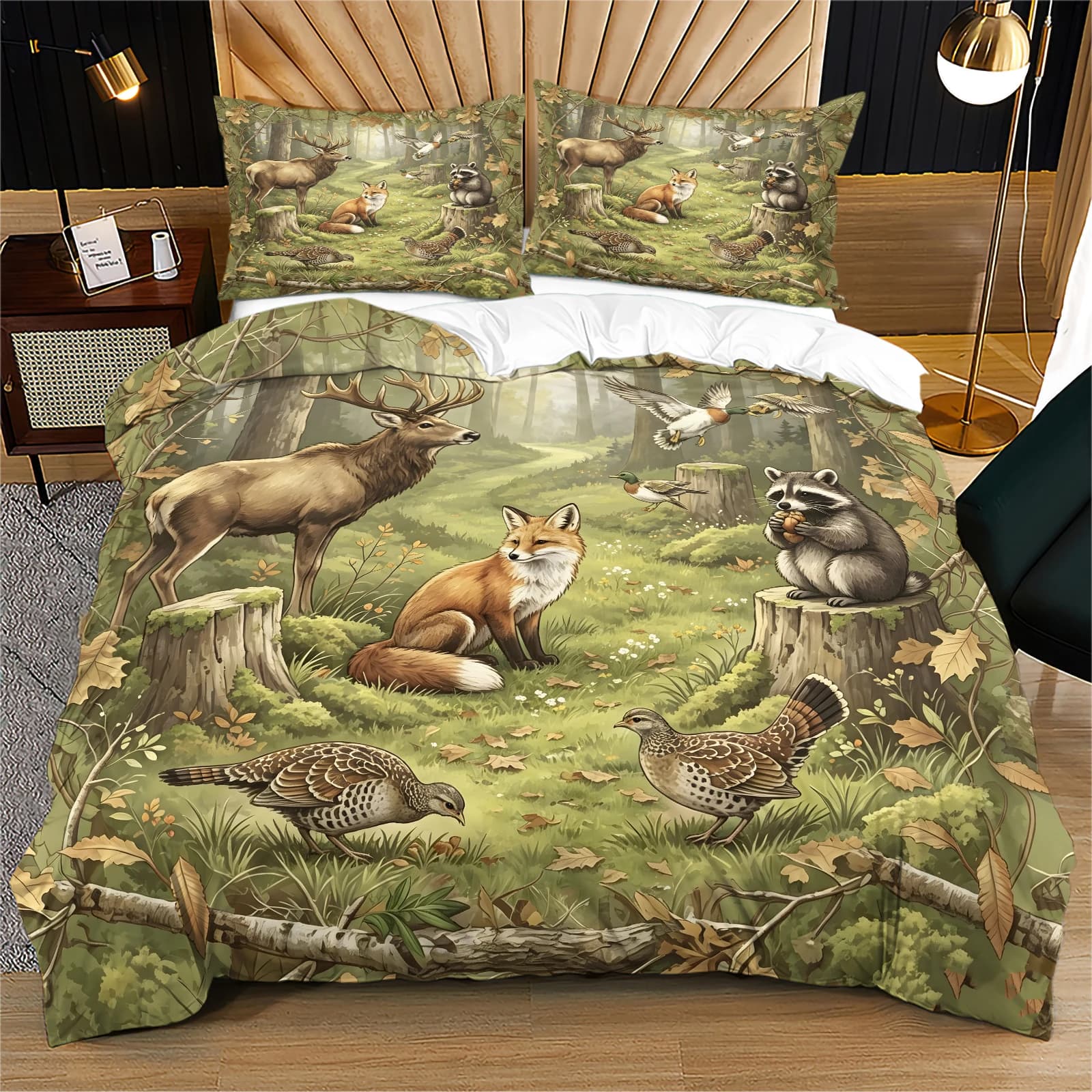 Forest Wildlife Duvet Cover Set Deer Fox Raccoon Duck Quail Bedding Set Rustic Woodland Animal Bed Linen Soft Polyester Bedroom