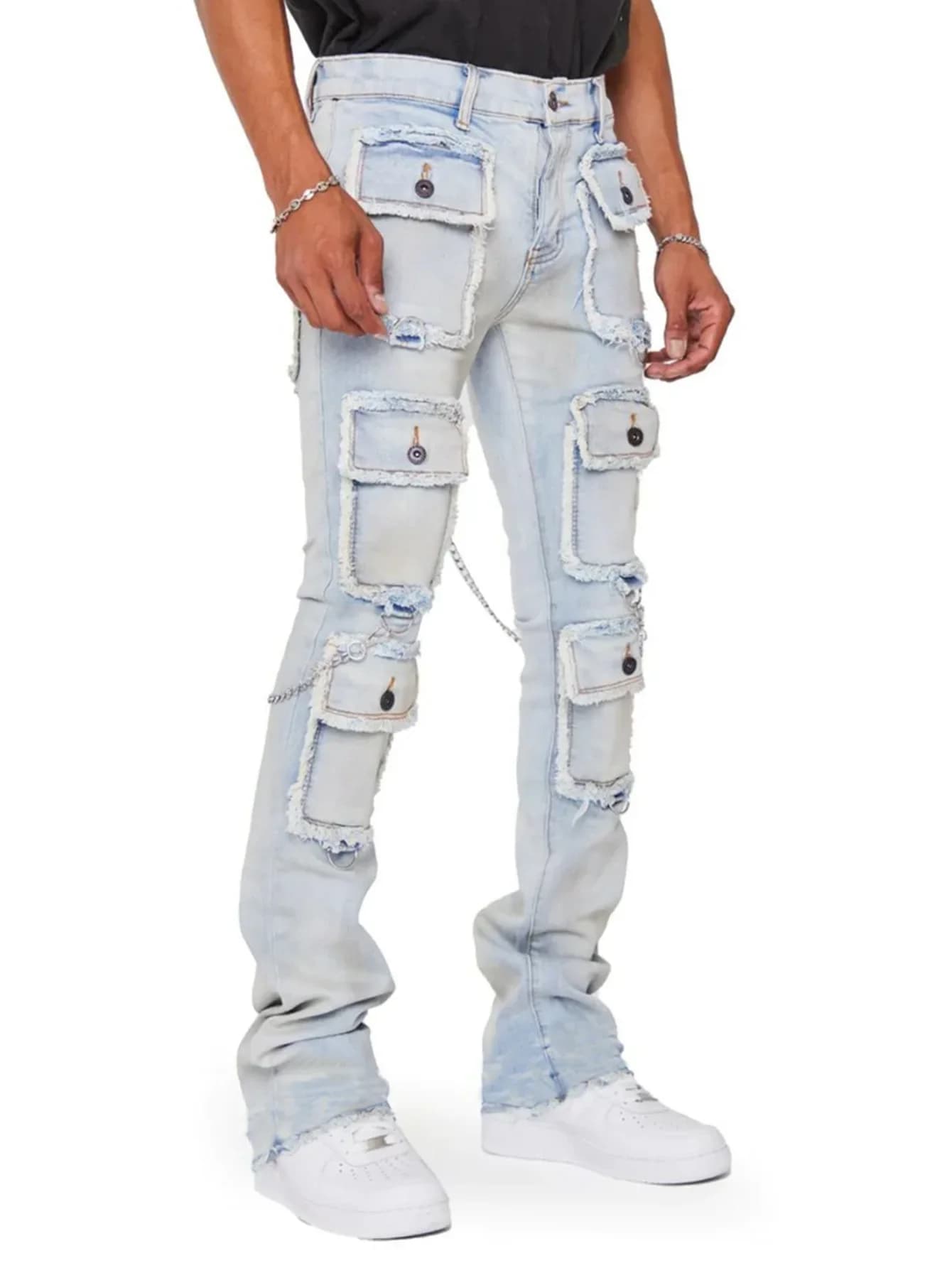 Pantaloni cargo in denim con design multitasche per l'industria pesante Uomo streetwear Abbigliamento uomo Y2K Jeans slim fit elastici estetici per uomo