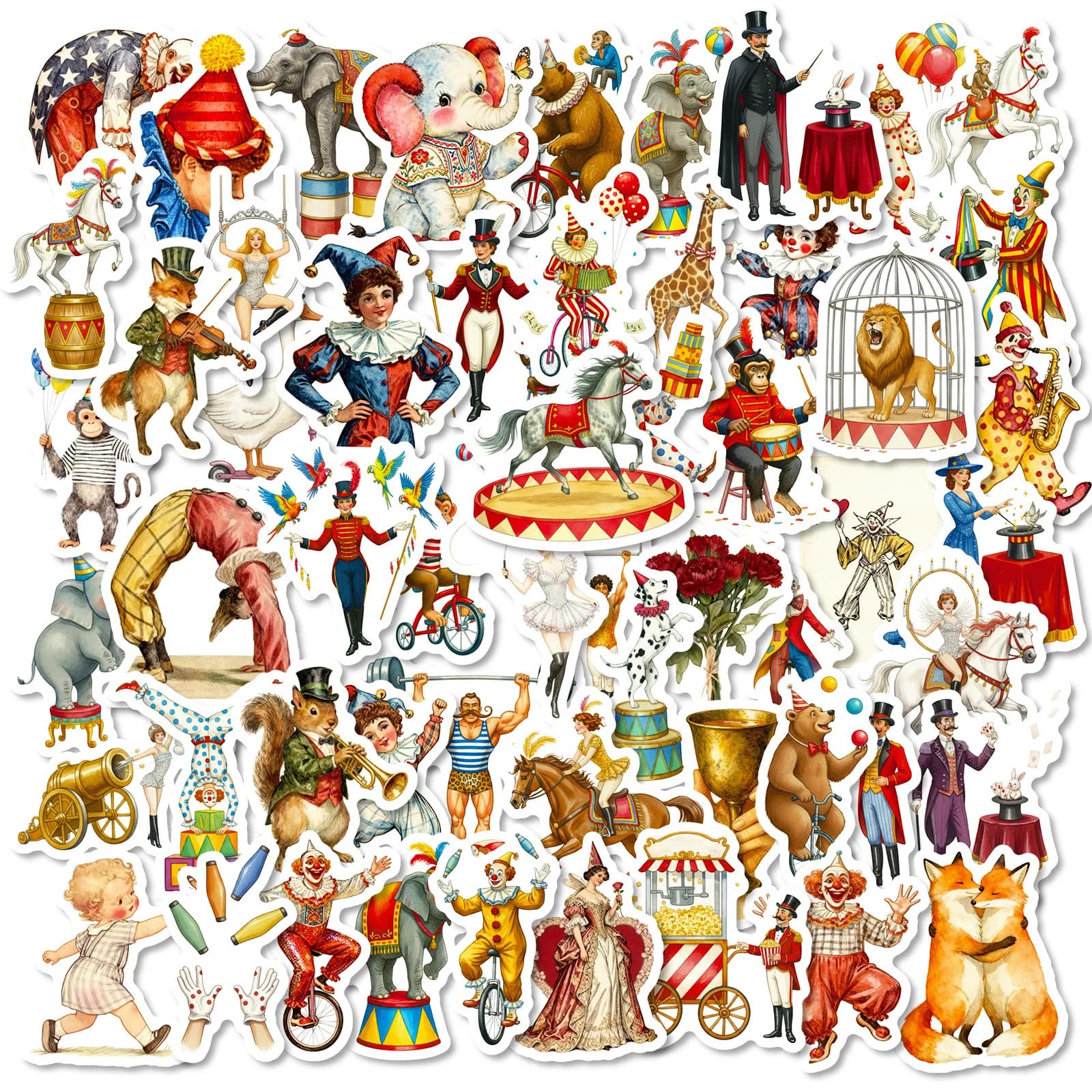 56 adesivi per cartoni animati vintage con animali da clown del circo, adesivi impermeabili creativi per cancelleria per bambini, valigia per telefono per notebook