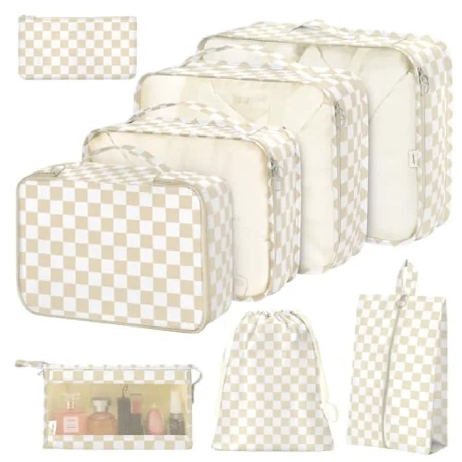Set di 8 Cubi Organizzatori per Valigie, Organizer da Viaggio per Scarpe, Cosmetici, Vestiti e Accessori in Khaki a Quadretti