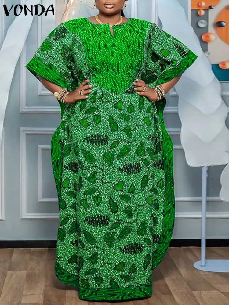 Plus Size 5XL Women's Maxi Long Dress 2025 Summer Short Sleeve Party Summer Dress VONDA Sexy Printed Floor-length Dresses Robe
