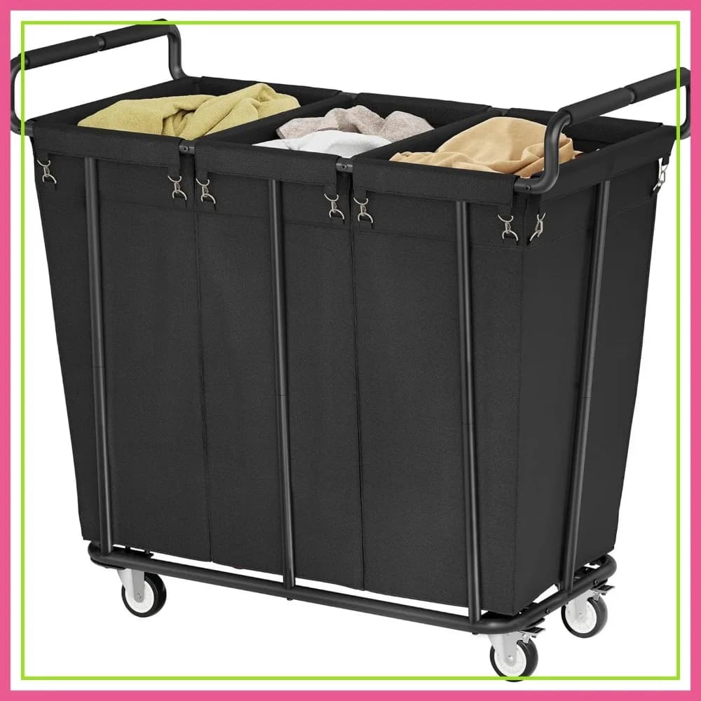 Cesto portabiancheria grande con ruote, carrello portabiancheria a 3 sacchi da 360L, cesto per vestiti resistente per lavanderia, bagno, nero