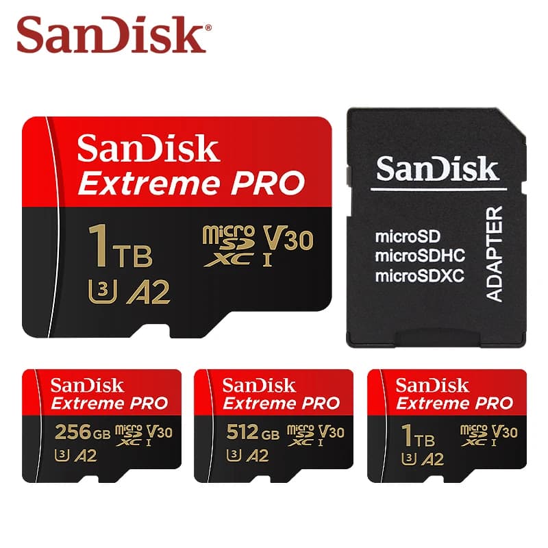 SanDisk Extreme PRO MicroSDXC Card 32GB 64GB 128GB 256GB 512GB 1T UHS-I U3 A2 V30 200MB/s Read Speed with SD Adapter 4K Video