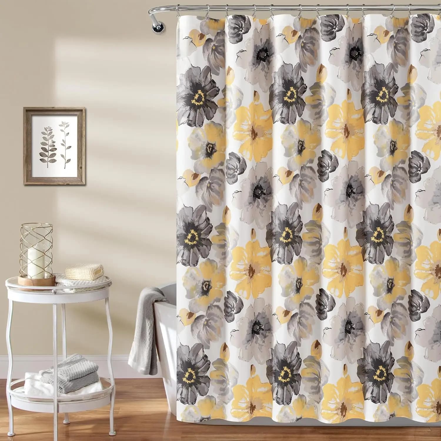 Tenda da doccia floreale 72x72 giallo grigio in tessuto, decorazione botanica acquerello per bagno stile rustico