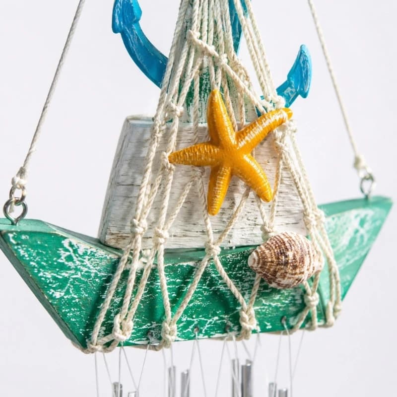 Sailboats Wind Chimes with 4 Suspended Metal Tubes, Rope Net Detailing and Marine Pendants for Window or Entryway Display 37JD
