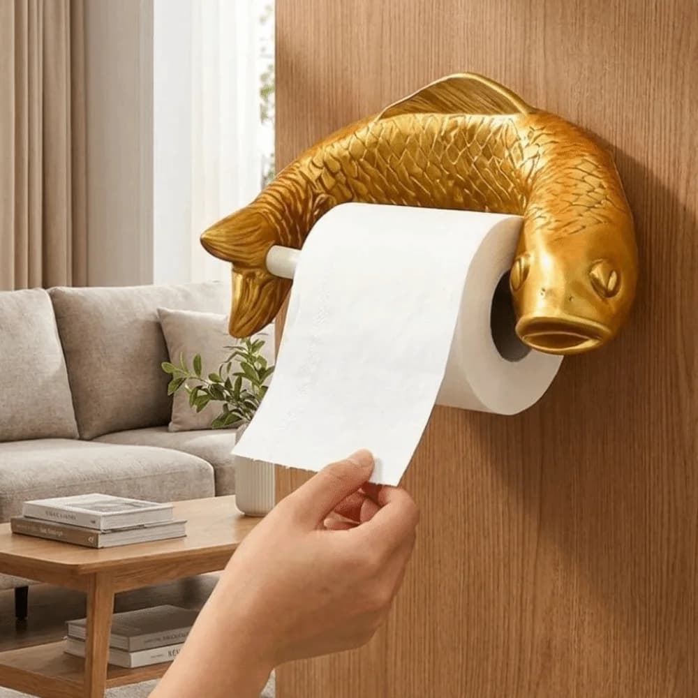 Golden Carp Toilet Paper Roll Holder Wall-Mounted Waterproof Plastic Bathroom Tissue Dispenser Vintage Punch-Free
