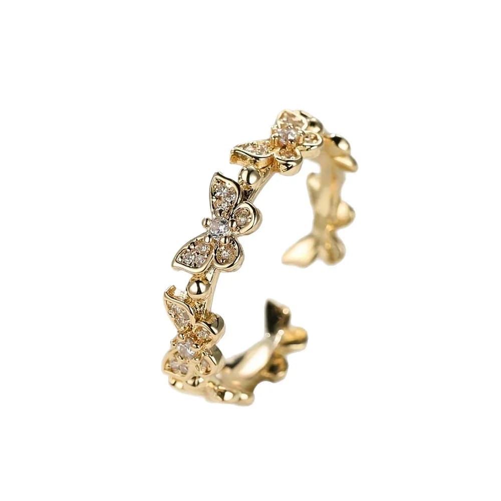 Light Luxury Gold Butterfly Paved Diamond Open Ring, Delicate Pave Setting, Adjustable Size, Versatile Elegant Band for Daily & Commute Wear