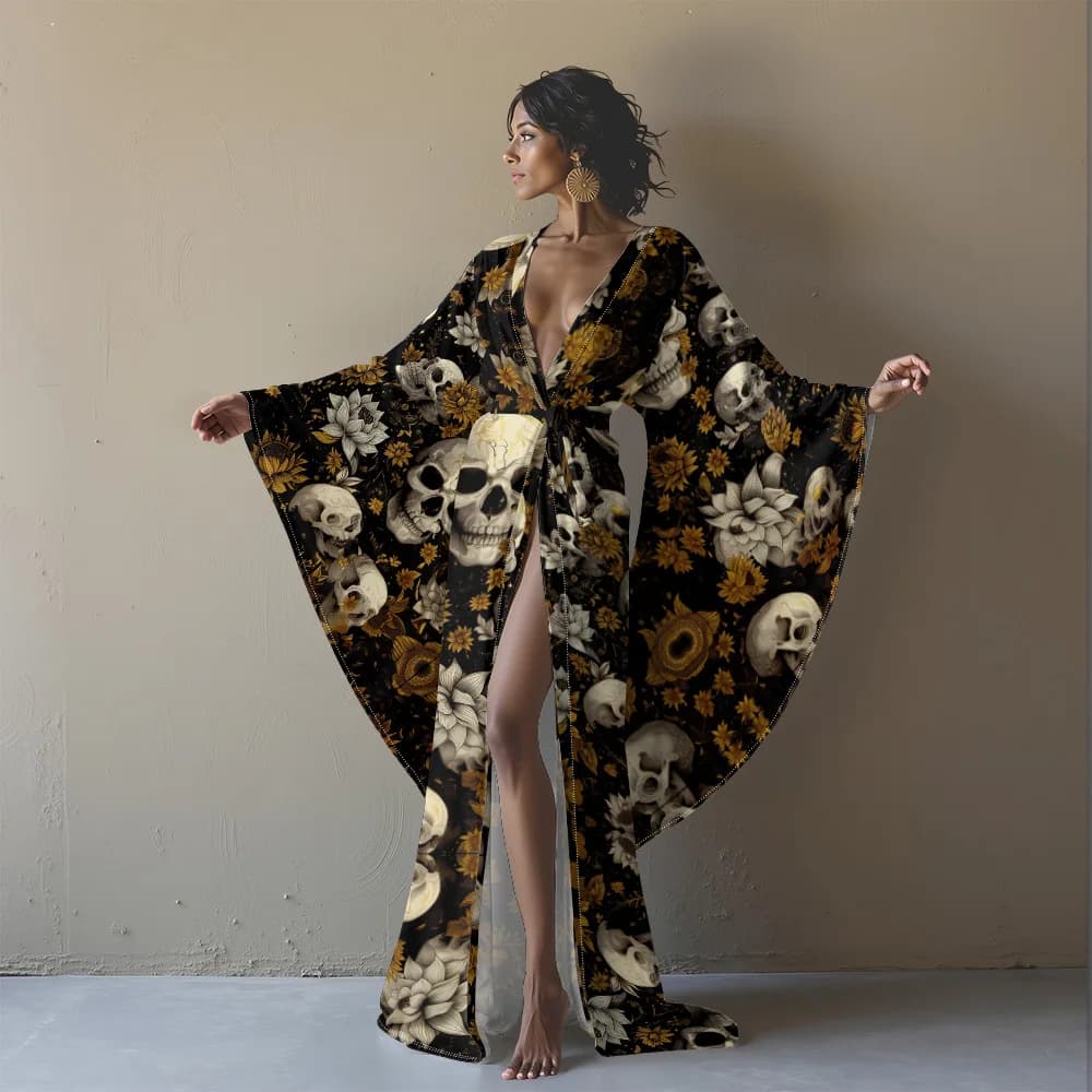 Kimono Style Deep V-Neck High Slit Lounge Robe Gothic Loungewear Robe for Women Skull Pattern Bathrobe Halloween Home Wear