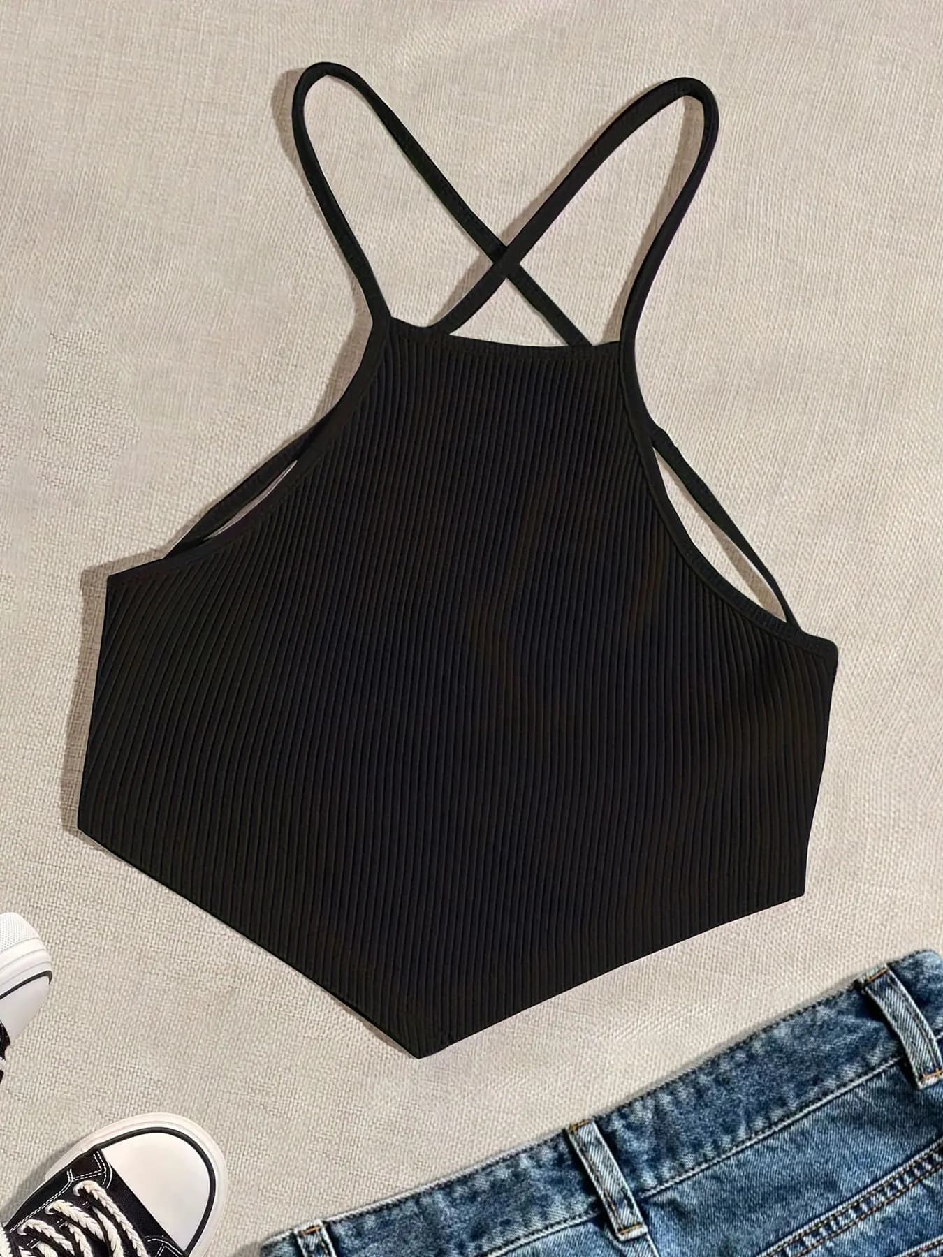 Elegante top con fascia sul retro in maglia di cotone con cravatta incrociata sul retro - T-shirt chic e comoda e versatile per la stagione