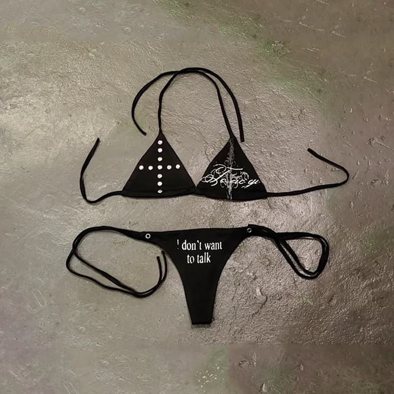 Costume da bagno bikini a tre pezzi con top halter americano con lacci, stampa di lettere casual stile Harajuku, estetica gotica estiva, sexy e audace