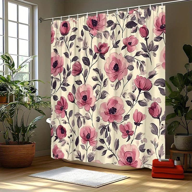 Tenda da doccia in poliestere - Floreale di peonia rosa su crema morbida, estetica romantica vintage, lavabile e linea asciutta, arredamento per il bagno