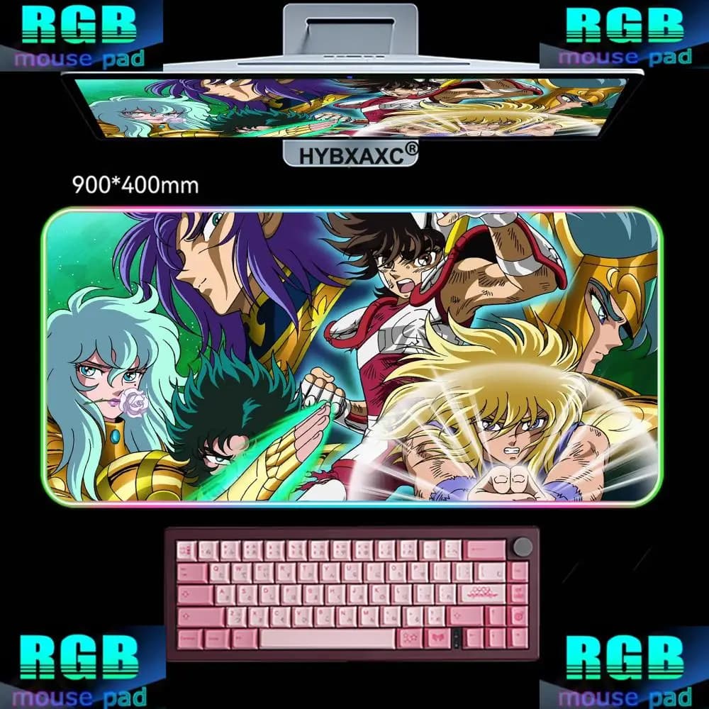 2026 HYBXAXC Mouse Pad RGB Gaming Mouse Pad Desk Mat HD Gamer Large LED Light XXL 900X400MM Anime Saint Seiya RGB Mousepad