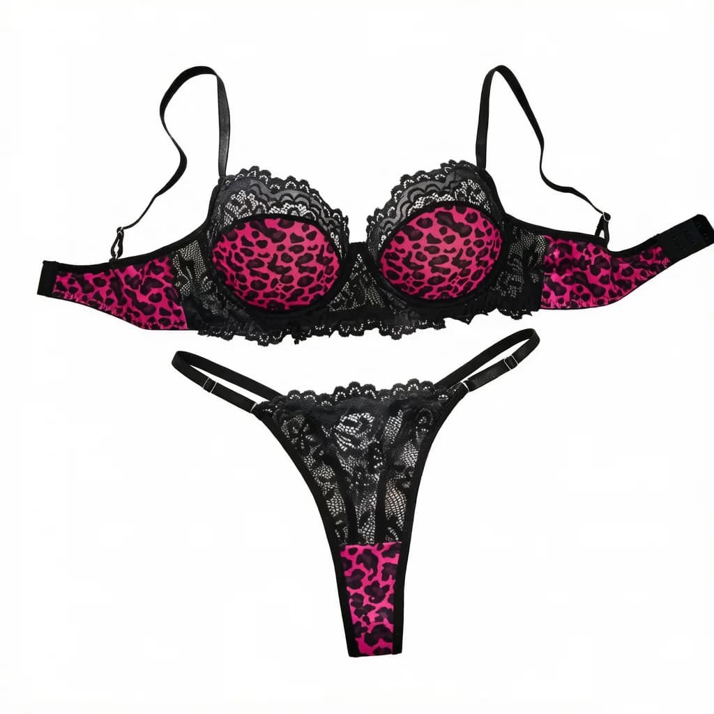 Hot Pink Leopard Print Lace Lingerie Set Underwire Bra With Matching Thong Women Sexy Intimates ZA825182