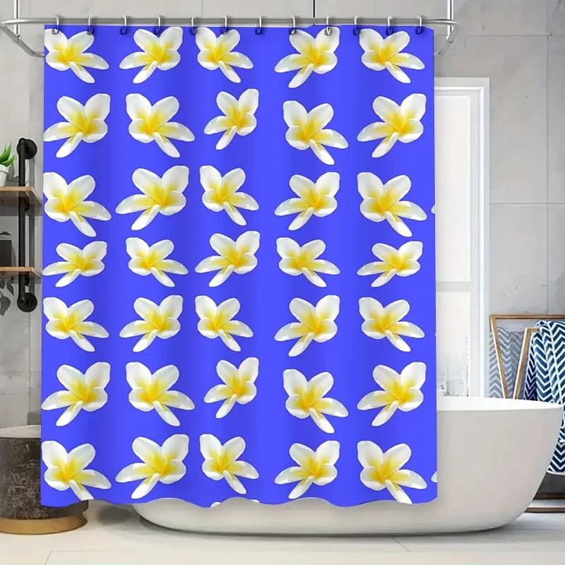 Tenda da doccia floreale luminosa Tappetino da bagno decorativo Fodera da bagno impermeabile antiscivolo per la decorazione domestica Frangipani bianco blu 3D