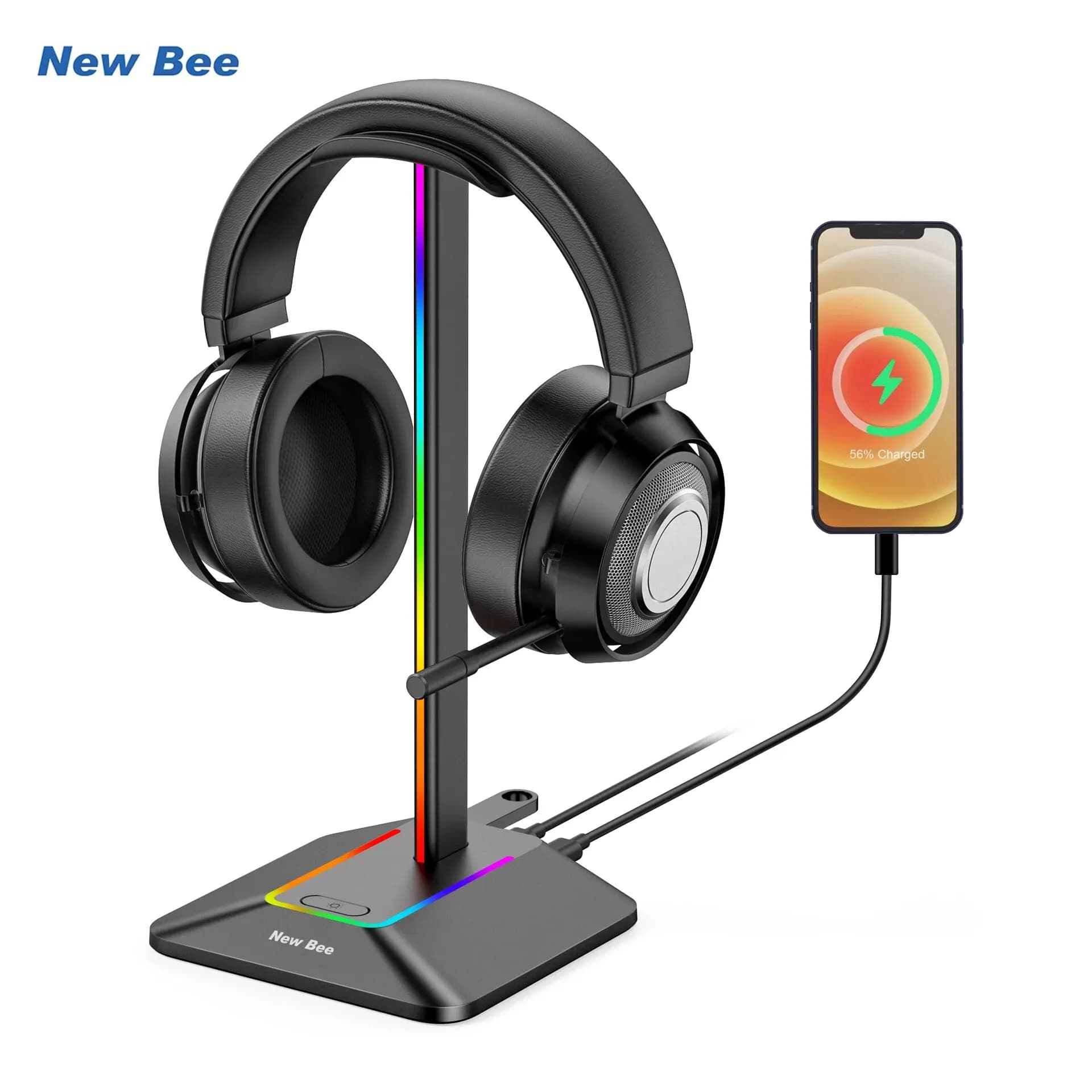 New Bee Z8 RGB headphone support for table headphones Enabled display with 2 USB ports support Anti-slip rubber base for player