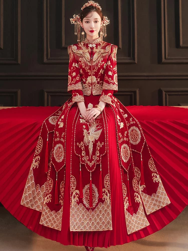 Abito da Sposa Chinoiserie Nuovo 2025 Taglia Piccola per Cerimonia di Ingresso e Cerimonia del Calice, Manica Lunga in Fibra di Poliestere
