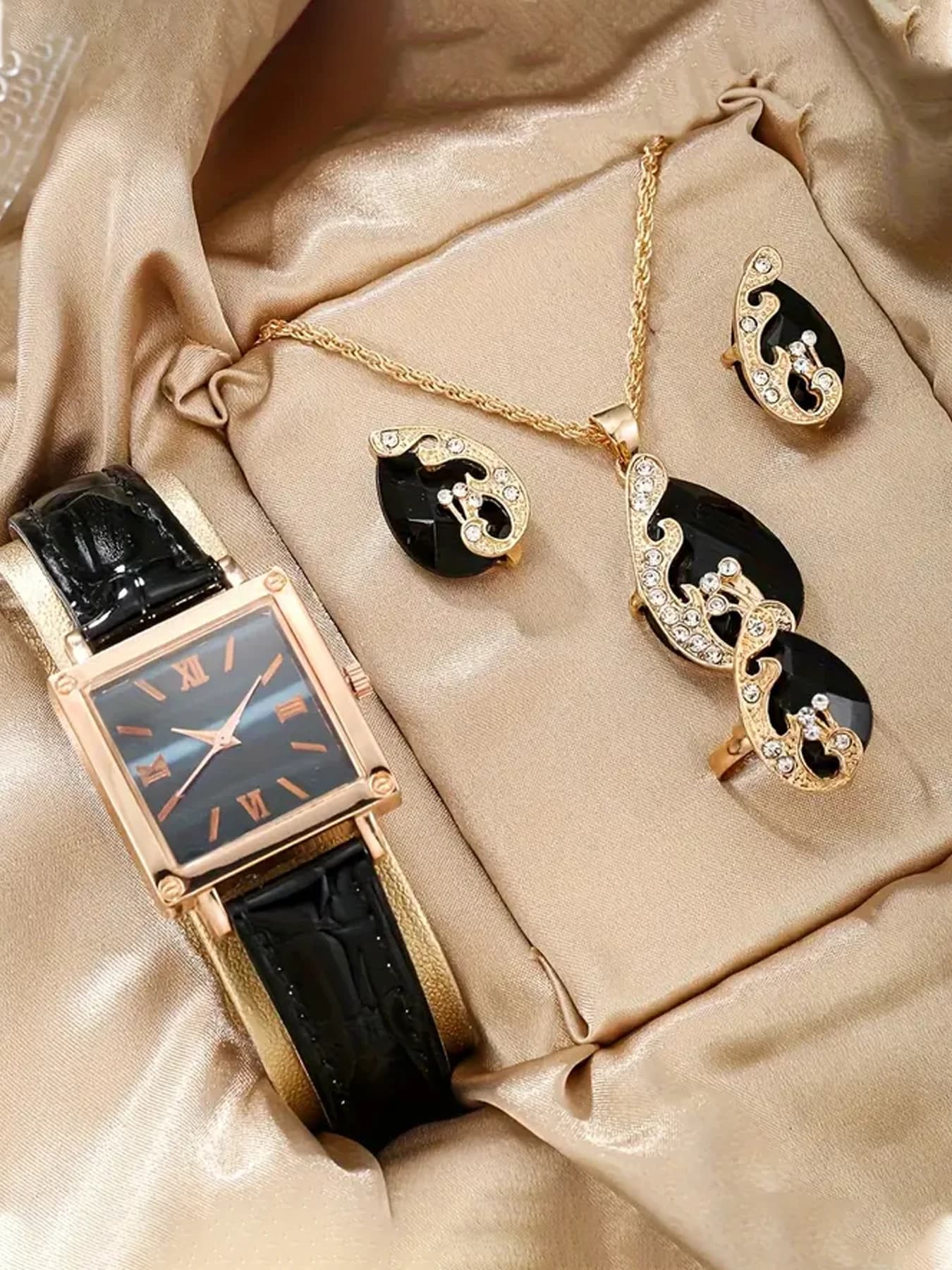 Orologio da donna alla moda con cinturino effetto coccodrillo, quadrante quadrato con numeri romani, orologio al quarzo da studentessa, set.